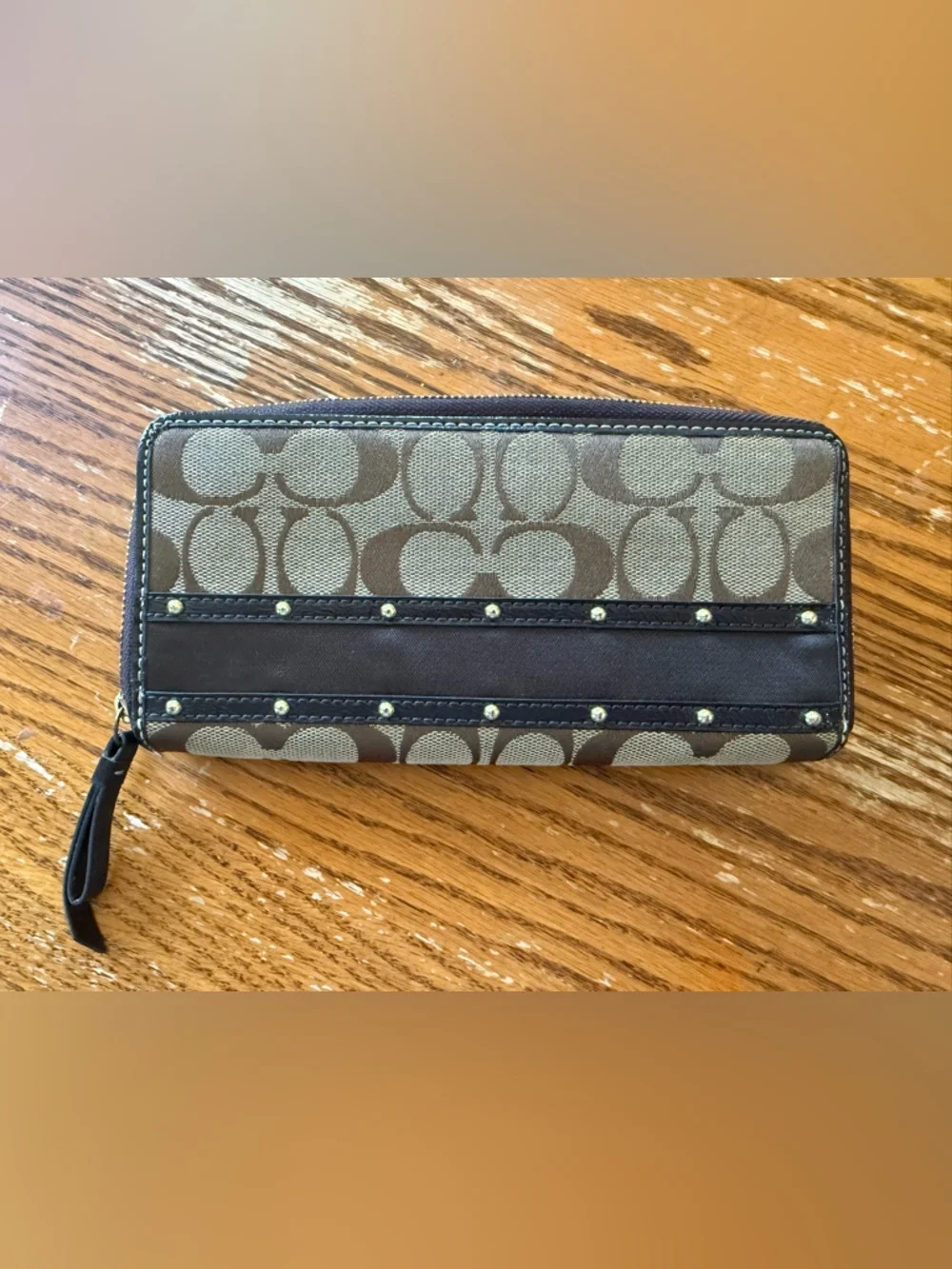 Coach Signature Striped Studded Accordion Zip Wallet